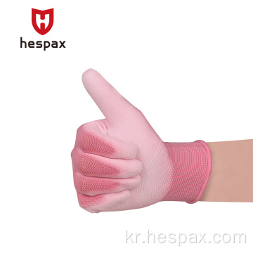 Hespax 핑크 폴리 에스테르 PU 팜 코팅 작업 장갑